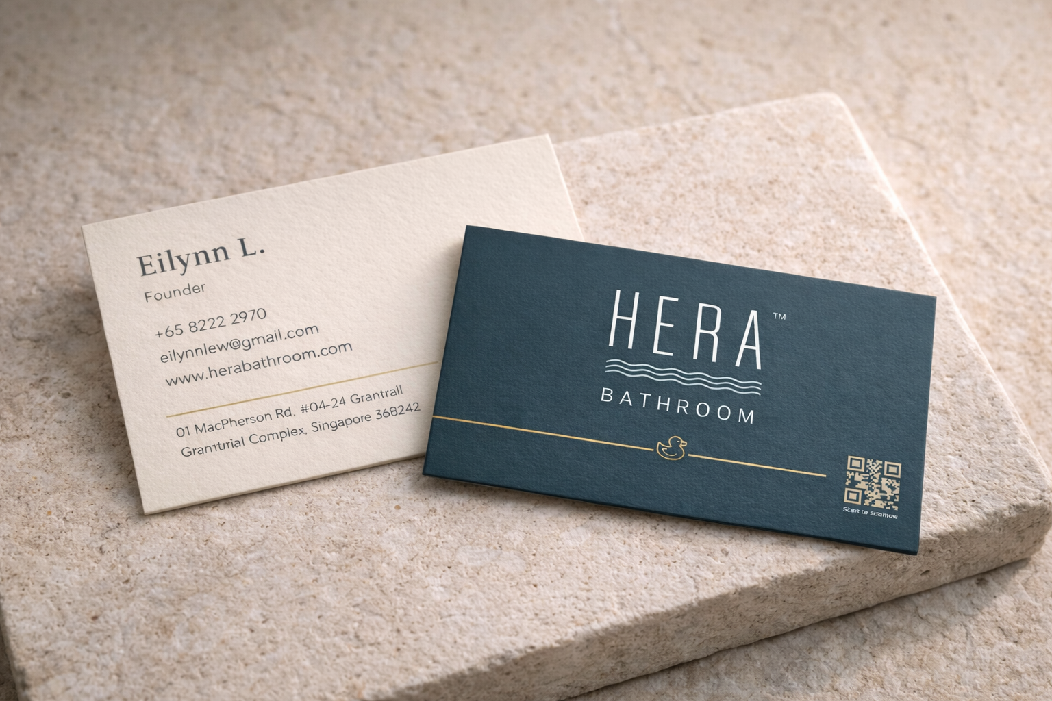HERA bathroom business card mockup - cream front teal back